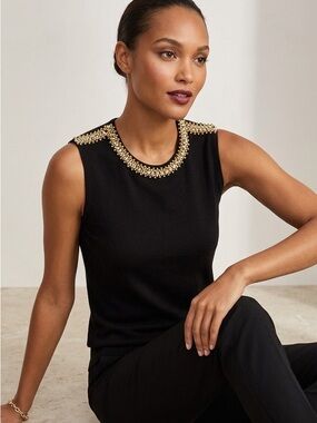 White House Black Market Beaded Neckline Black Sleeveless Top New with Tags
